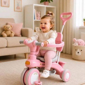 Велосипед триколісний Baby Carriage 588 з батьківською ручкою та кошиком Рожевий 37527 фото