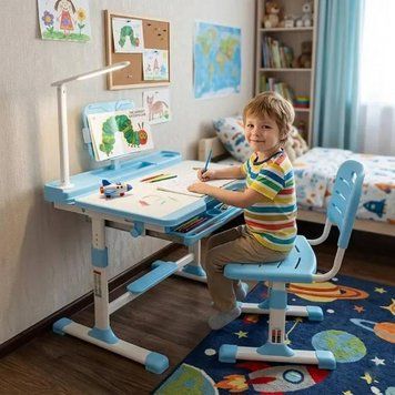 Парта дитяча зі стільцем з регулюванням по висоті, Led лампою, підставкою для книг та ящиком для приладдя RD-9114 75*70*50см 38190 фото